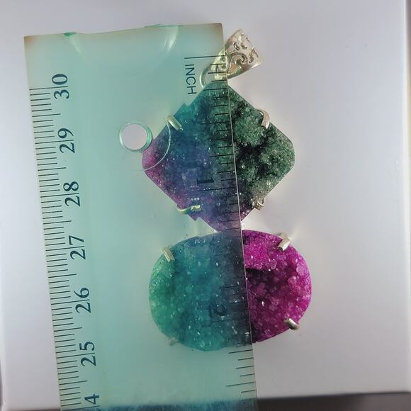 Sterling Silver Rainbow Drusy Pendant Raw Slice Gem Crystal Quartz 2.5" - Picture 4 of 10